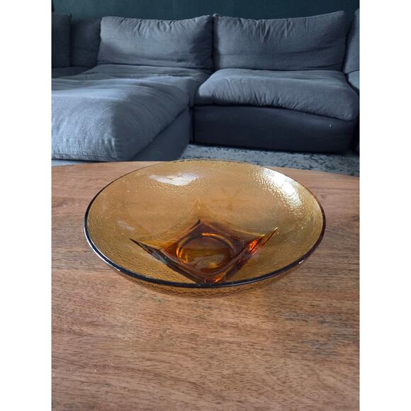 Hazel Atlas Amber Textured Glass Bowl 11" Mid-Century Modern Square Base - Picture 2 of 8